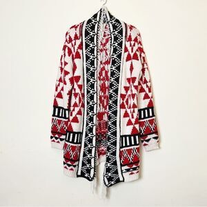 Bethany Mota Open Front Aztec Pattern Fringe Shawl Knit Cardigan, Size Medium